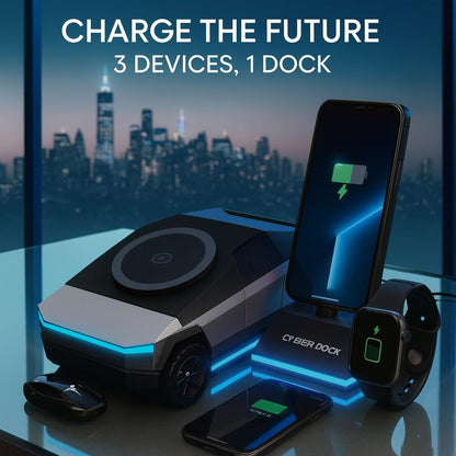 CyberDock Cybertruck-Inspired 3-in-1 Wireless Charging Station – Fast Charger for Smartphone, Smartwatch & Earbuds | Sleek Futuristic Design with LED Indicator | Qi-Compatible